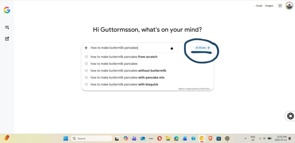 Screenshot of a Google search for "how to make buttermilk pancakes" to show what the AI Mode features look like - part 1