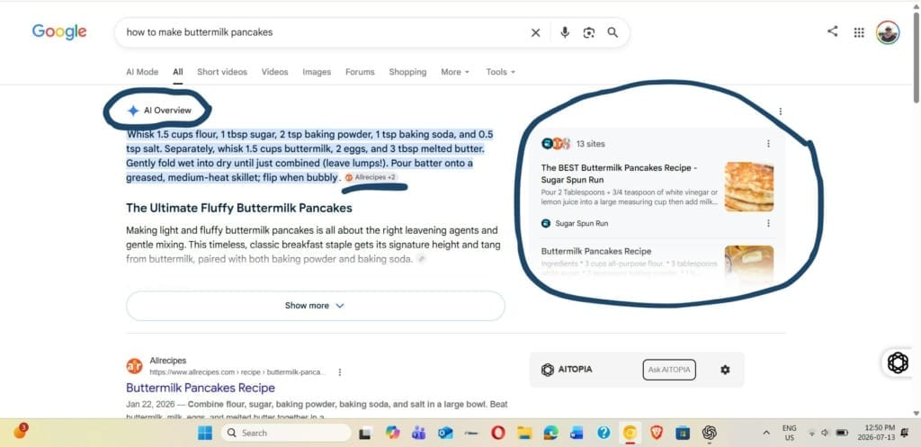 Screenshot of a Google search for "how to make buttermilk pancakes" to show what the AI Overview features looks like