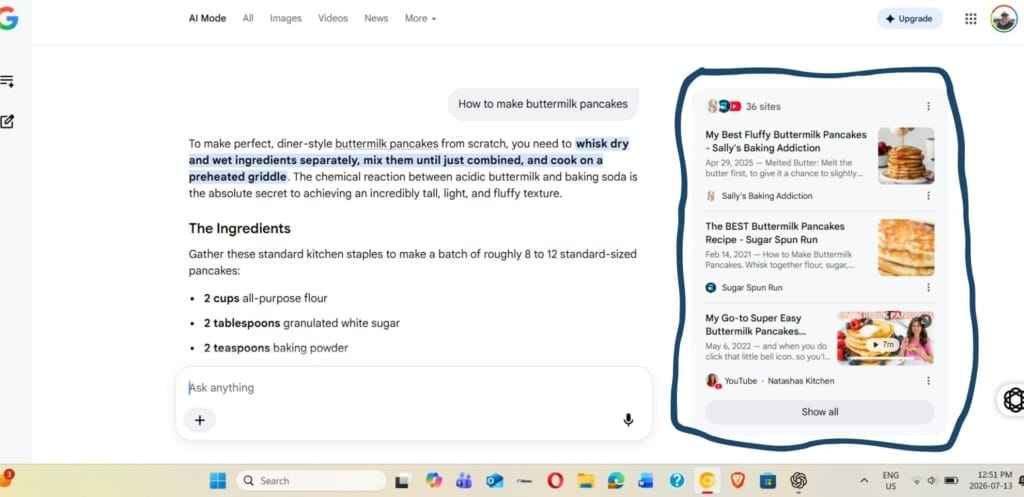 Screenshot of a Google search for "how to make buttermilk pancakes" to show what the AI Mode features look like - part 2